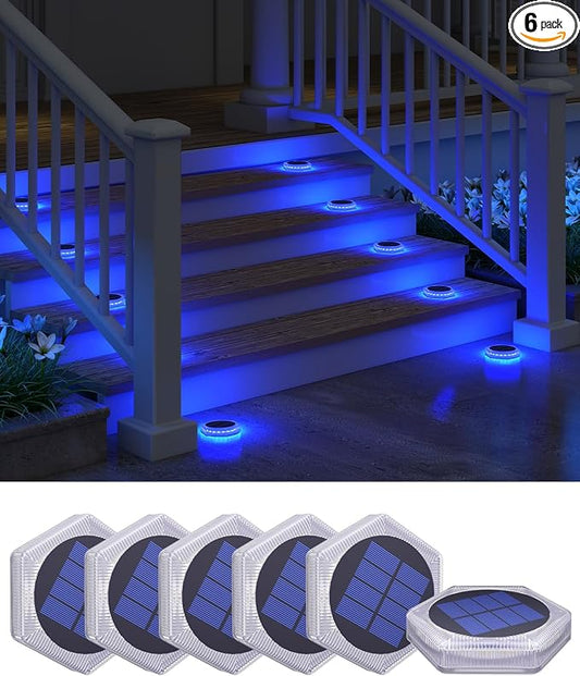 DetarZinLED 6 Packs Solar Driveway Lights Outdoor IP68 Waterproof, Blue Deck Step Lights Solar Powered, Solar Stair Light Stick on LED Light for Dock, Garage, Pool, Fence, Garden Pathway