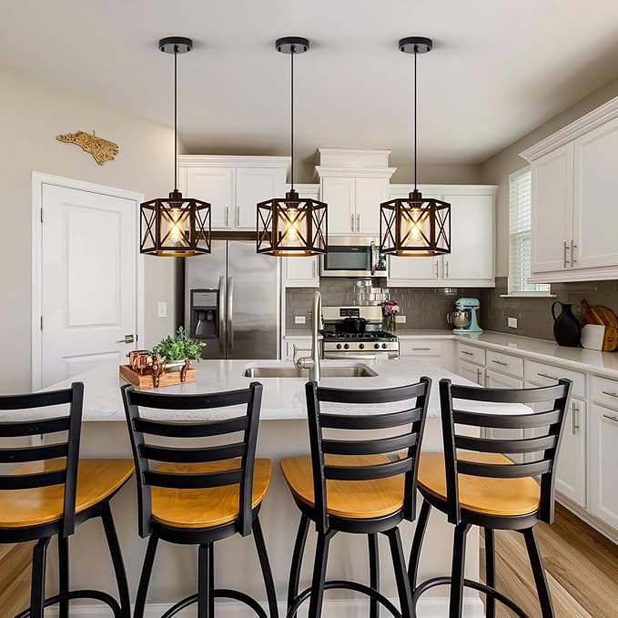 XSDeTu 2 Pack Farmhouse Pendant Lights, Modern Black Hanging Light Fixture with Hexagonal Cage, Industrial Metal Ceiling Lights, Adjustable Lantern Pendant Lighting for Kitchen Island Sink Hallway