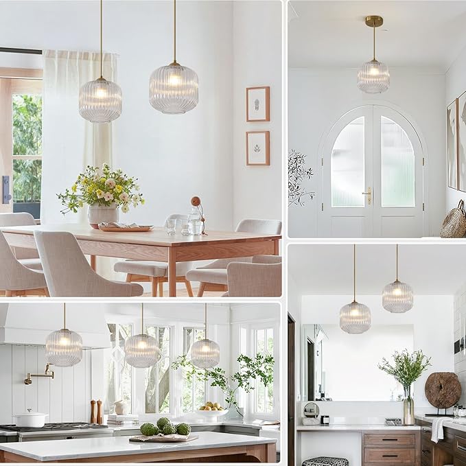 Modern Gold 1 Light Hanging Indoor Kitchen Island Pendant Light Large Single Brushed Brass Hanging Light Fixture Mid Century Clear Glass Globe Pendant Lighting for Dining Room Bedroom MPL30-C