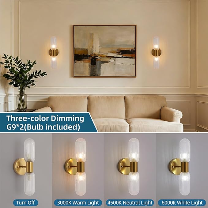 Modern Gold Wall Sconces, 2-Light Hardwired Brass Vanity Light Fixture with Glass Shade, Wall Lighting for Living Room Bedroom Bathroom Hallway, 2 G9 LED Bulbs Included