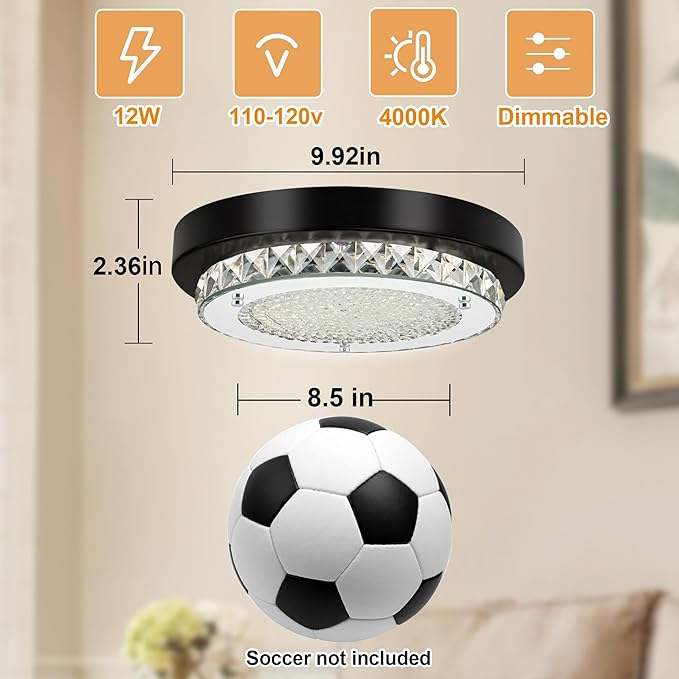 Crystal Flush Mount Ceiling Light Small LED Ceiling Light 10 Inch Round Hallway Lighting Black Modern Bathroom Light Fixtures for Entryway Laundry Room Foyer Mini Closet Ceiling Light
