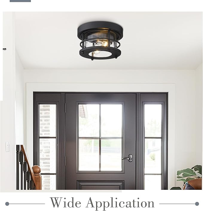 Emliviar 2-Light Round Ceiling Light Fixture, Farmhouse Flush Mount Ceiling Light 10 Inch, Black Finish, WE2085F BK