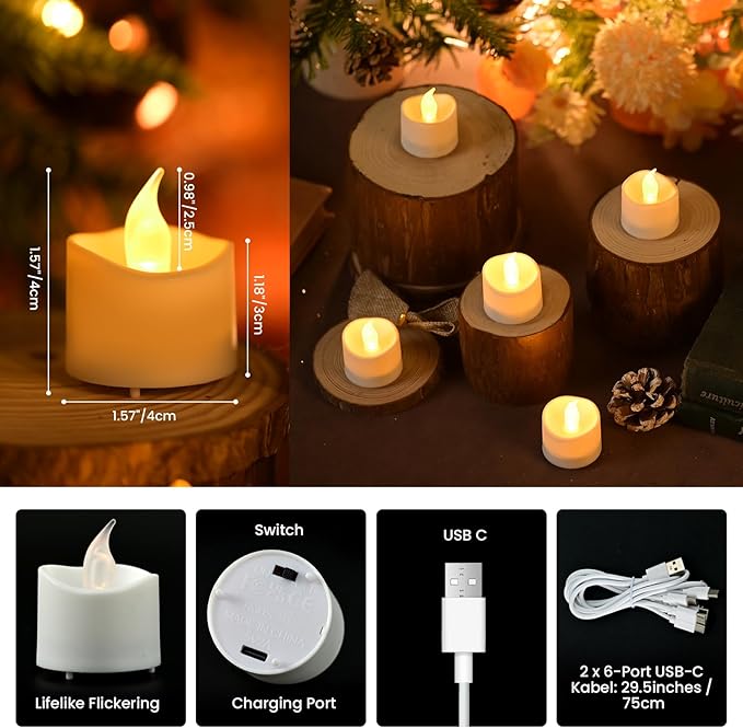 JOSU Rechargeable Flameless Tea Lights Candles with Remote Timer, Battery Operated LED Tealight Candles with 2 x 6-Port USB-C Cable for Votive Wedding Table Centerpiece Home Aniversary Decor, 12-Pack