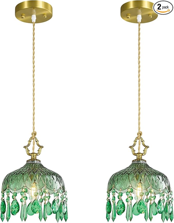 Brass Vintage Pendant Light Green Crystal Hanging Light Fixtures,Adjustable Height Green Glass Pendant Lights for Kitchen Island Dining Room Living Room Bedroom Hallway(Green,2-Pack)