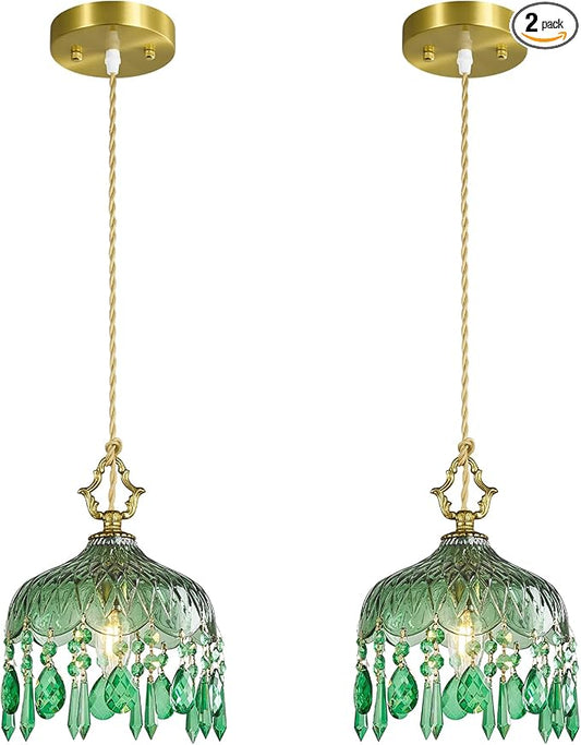 Brass Vintage Pendant Light Green Crystal Hanging Light Fixtures,Adjustable Height Green Glass Pendant Lights for Kitchen Island Dining Room Living Room Bedroom Hallway(Green,2-Pack)