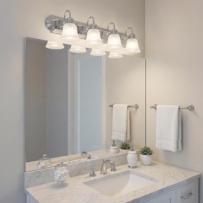 Kichler 30" 4-Light Vanity Bath Light in Chrome, Modern Bathroom Light with Clear Satin Etched Glass, ("30" W x 8" H), 5338CHS