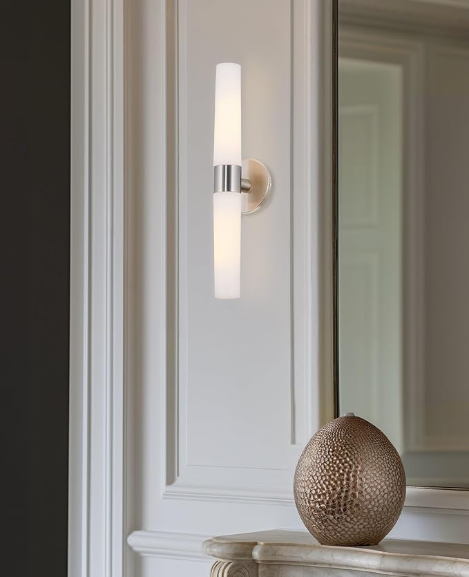 Kira Home Duo 21" Modern Wall Sconce with Frosted Glass Cylinder Shades, Linear 2-Light Silver Wall Light, Brushed Nickel Finish