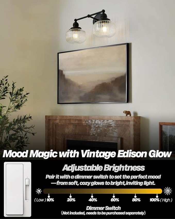 2-Lights Wall Sconces,Vintage Double Arm Black Bathroom Vanity Light with Clear Striped Glass Shade Hardwire Indoor Wall Sconce Lighting for Bathroom Living Room Bedroom Kitchen