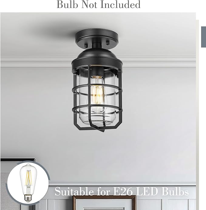 Emliviar Ceiling Light Fixtures Semi Flush Mount Set of 2, Matte Black Ceiling Lights for Foyer, Clear Tempered Glass, GE255LF-2PK BK