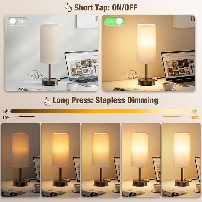 Touch Bedside Table Lamp with Memory - Stepless Dimmable Lamp for Bedroom, Small Nightstand Lamp with Dual USB Charging Ports and AC Outlet, Wood Night Light, Deak Lamp for Nursery (Beige & Brown)