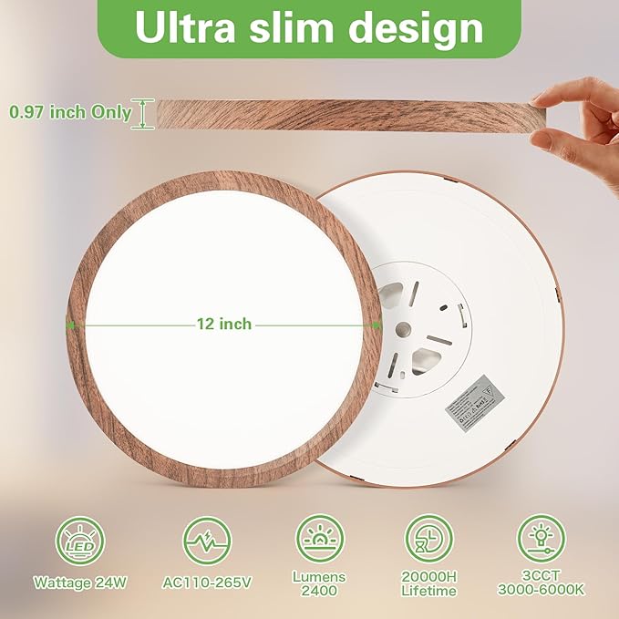 Kimjo 2 Pack 12 Inch 24W Modern Flush Mount Ceiling Light, 3 Color Temperature Walnut Wood Grain Flat Ceiling Light Fixture Led Lights for Bedroom Kitchen Bathroom Hallway