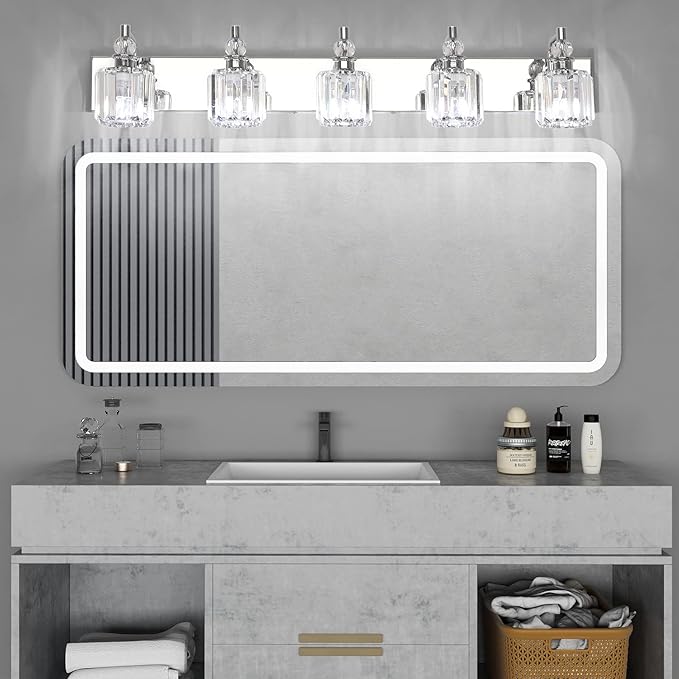 Ralbay Modern Crystal Vanity Lights 5 Light 40" Modern Crystal Bathroom Lights Fixtures Over Mirror Stainless Steel Chrome Vanity Light for Bathroom Wall Lights Fixtures