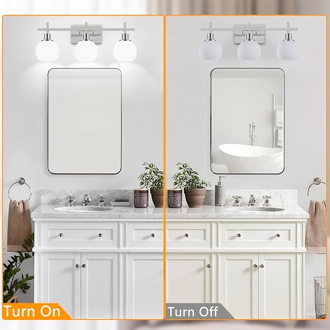 Dpyrrhic Modern Vanity Lighting Fixtures,3-Light Bathroom Lighting Fixtures Over Mirror，Brushed Nickel Wall Mounted Bathroom Vintage Lamp with Milky White Glass Lampshade for Living Room，Bedroom