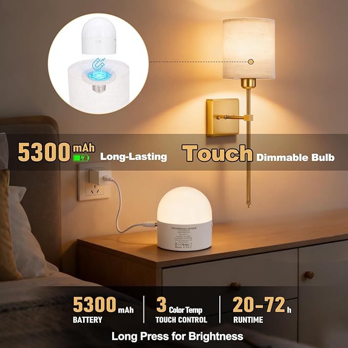 Battery Operated Wall Sconce Set of 2, Wireless Wall Lights with Remote 5300mAh Rechargeable Dimmable Bulb, 12 Colors Wireless Wall Sconces for Bedroom Living Room Hallway Decor
