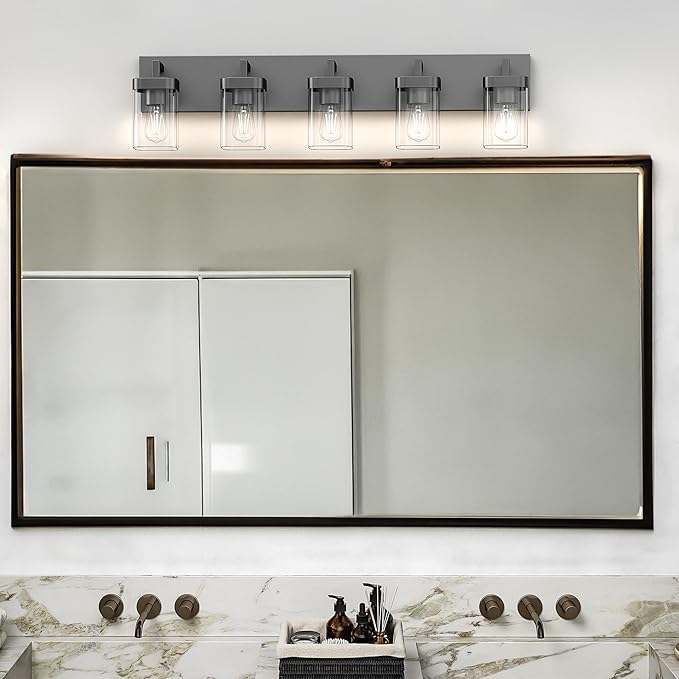 Bathroom Vanity Light, Square Design 5 Lights Morden Bathroom Lighting Fixtures Over Mirror, Black Vanity Light for Living Room/Bedroom