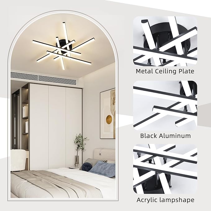CANEOE Sputnik Modern Led Ceiling Light,50W LED Dimmable with Remote Control Ceiling Light Fixture Black Flush Mount Chandelier Ceiling Lighting for Bedroom Living Room Kitchen Office Ceiling Lamp