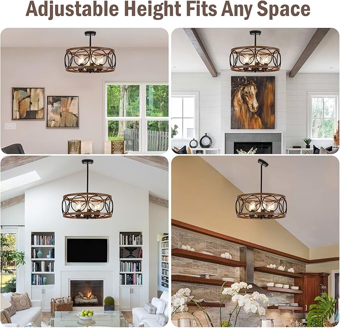 6-Light Farmhouse Drum Pendant Light,19.7'' Nature Wood Texture Vintage Rustic Chandeliers Black Metal Industrial Hanging Light Fixtures for Entryway, Bedroom Dining Room