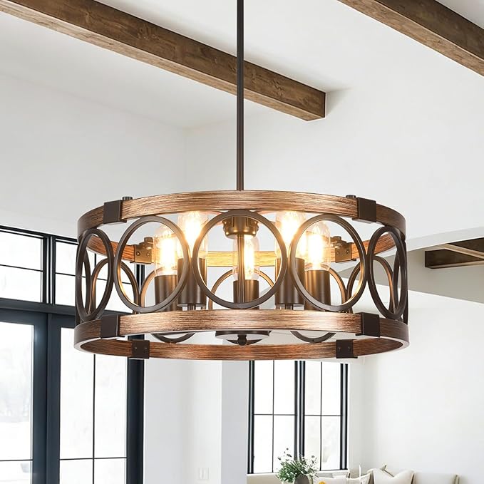 5 Light Light Fixtures Ceiling Mount 19.71" Flush Mount Ceiling Light,Height Adjustable Farmhouse Chandeliers for Dining Room Black Drum Chandelier Ceiling Hanging Pendant Light Fixture