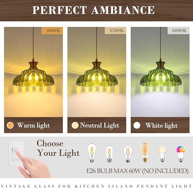 2Pack Glass Pendant Lights, 11.8" Vintage Lighting Green Glass Light Fixtures Brushed Gold Modern Green Chandelier Hanging Ceiling for Kitchen Island Dining Room Restaurant Foyer Entryway