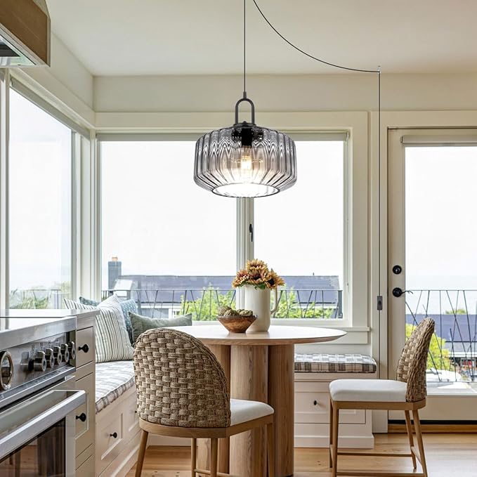 Plug in Hanging Light Gray Glass Pendant Light Fixtures with in Cord Mid Century Modern Chandelier Striped Glass Shade Farmhouse Plug in Hanging Lamp for Living Room Entryway Pantry