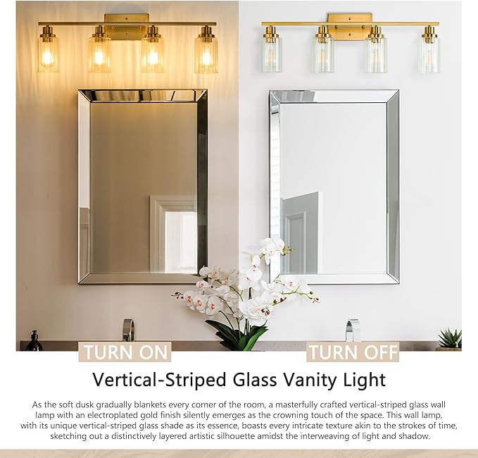 Jonsi Brushed Gold Bathroom Light Fixtures, 4-Light Brushed Gold Vanity Light, Bathroom Vanity Light with Stripe Glass Shade, E26 Wall Sconces Over Mirror for Bathroom, Living Room, Hallway