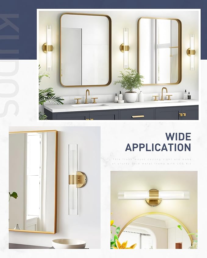 kudos Gold Modern Sconces Wall Lighting, 2Pc Wall Sconces with Clear Glass and Frosted Glass, Modern LED Vanity Light for Bathroom, 3000K/4500K/6000K Adjustable,KDVL06-GD-2-2PK