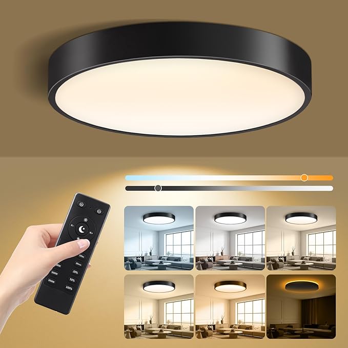 Lightania 11 Inch Flush Mount Ceiling Light with Remote Control & Night Light, 5CCT Dimmable Ceiling Light Fixture, 20W 2000LM 2700K-6500K Adjustable LED Ceiling Lights for Bedroom Kitchen, Black