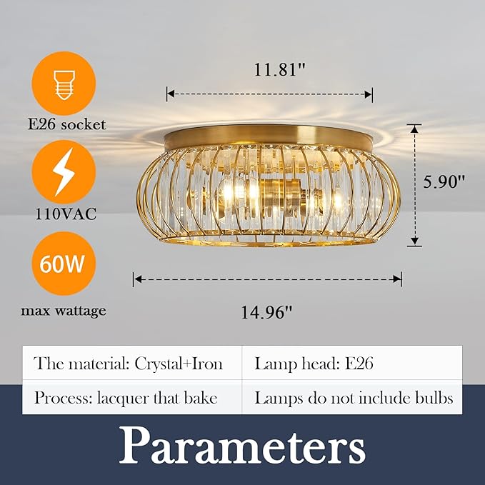 YYJLX Crystal Flush Mount Ceiling Light Fixtures Modern Gold Ceiling Light 3 Light Ceiling Chandelier for Hallway Bedroom Bathroom Foyer Living Room Dining Room Kitchen.