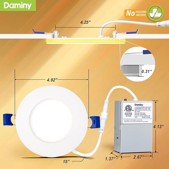 DAMINY 12 Pack 4 Inch 5CCT LED Recessed Light with Night Light,Ultra-Thin,Canless recessed Lighting 4 in,9W=80W,700LM,Dimmable Wafer Lights,ETL Certificated