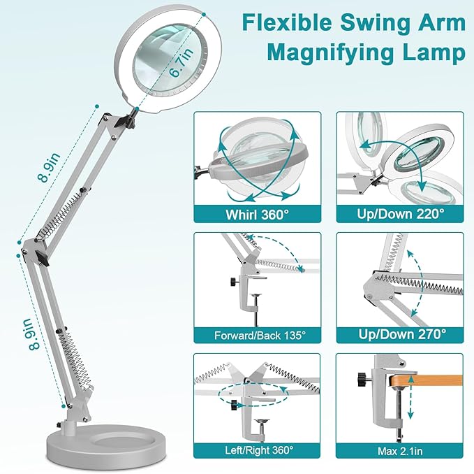 10X Magnifying Glass with Light and Stand, 5 Color Modes, Brightness Stepless Dimmable LED Lighted Magnifier Hands Free, 2-in-1 Desk Lamp & Clamp Light, Magnifier Lamp for Crafts - Silvery