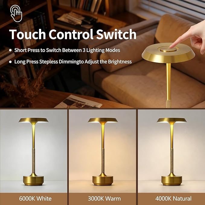 Wireless Desk Lamp Rechargeable 5000mAh Battery Powered Lamp for Counter 3 Color Stepless Dimmable LED Wireless Light for Dining Room Kitchen Outdoor Terrace Support Touch Control (Gold)