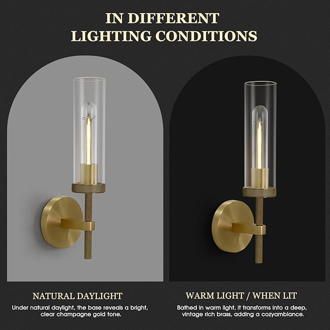 Brass Wall Sconces Lights Indoors, 14" Knurled Linear Sconce, Gold Bathroom Wall Sconces, Glass Tube Vanity Sconces Wall Lighting, Wall Lights for Mirror, Living Room, Bedroom, Hallway