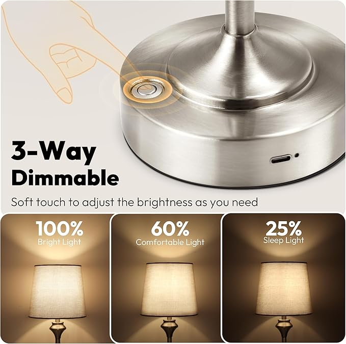 NIORSUN Portables Cordless Table Lamp, 10.2" Battery Operated Lamp, Bedside Table Lamp with Warm White,3 Way Dimmable Touch Desk Lamp for Bedroom Living Room Restaurant Whtie Shade (Silver)