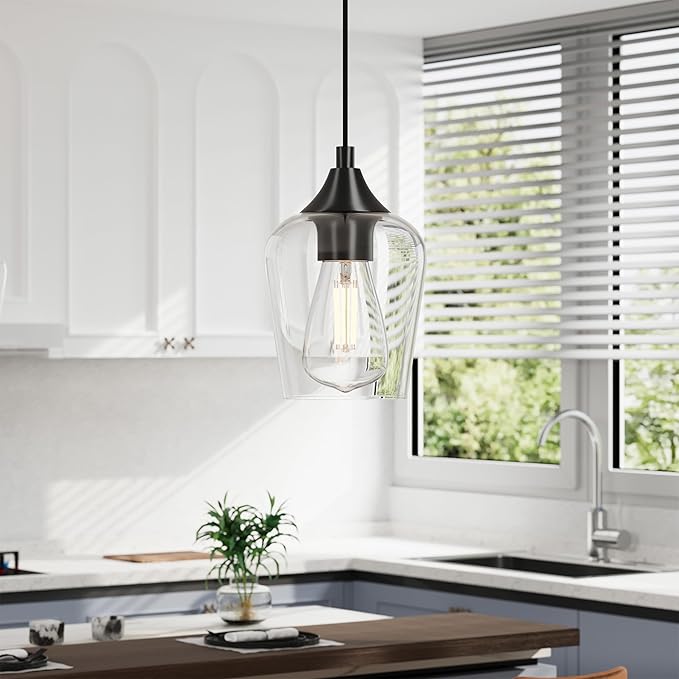 VONLUCE Pendant Lights Kitchen Island, Matte Black Pendant Light Fixtures with E26 Base & Adjustable Cable, Modern Pendant Lighting with Glass Shade for Living Room Bedroom Hallway, 2 Packs