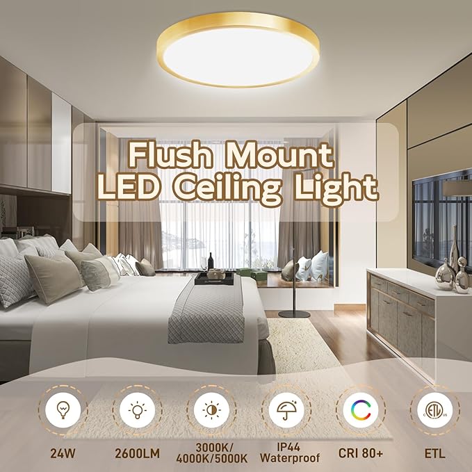 Hlite Dimmable 4pack 12 inch Gold Flush Mount Ceiling Light,24W 2600LM Super Slim 3000K/4000K/5000K 3CCT Selectable,Dimmable Ceiling Light Fixtures for Kitchen,Bedroom (Gold)