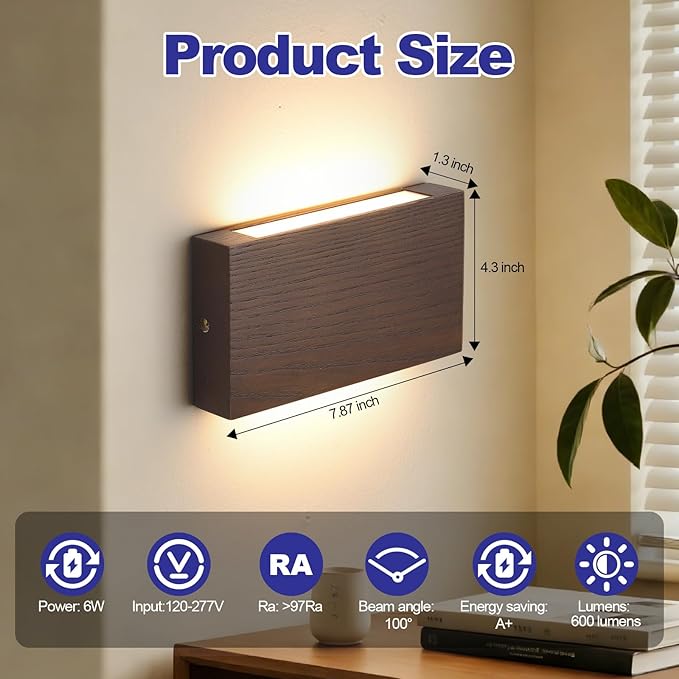 Wood Wall Sconce Indoor Wall Lights Hardwired 2 Pack Up and Down，wall Lights for Living Room，sconces wall Lighting，Bedroom Lights for wall，led wall Sconce，Bed Side Lamps，wall Lights for Bedroom