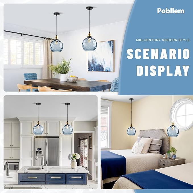 Modern Pendant Lights Kitchen Island, Hand Blown Glass Hanging Kitchen Lights with 7.8" Blue Hammered Globe, 1-Light Island Pendant Lights for Kitchen Dining Room Bathroom Bedroom