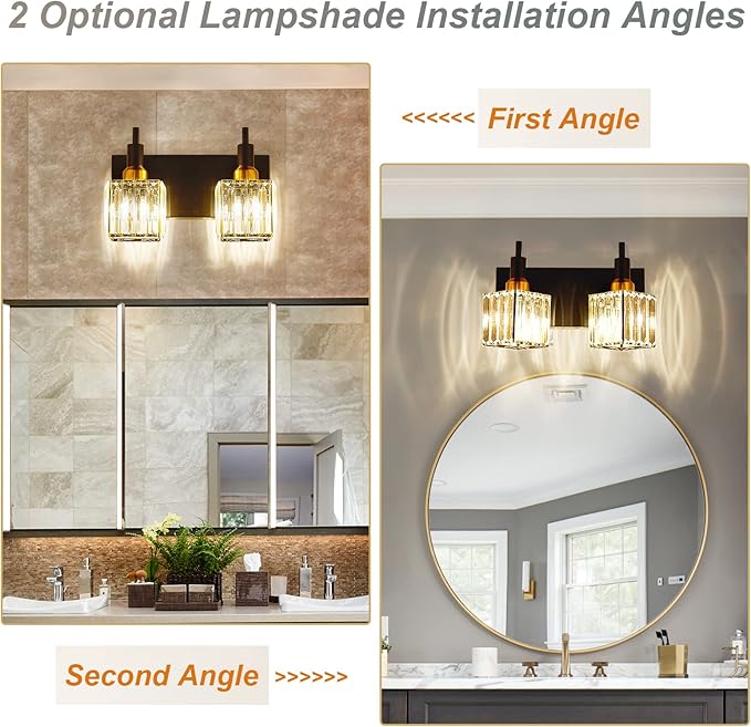 Modern Crystal Bathroom Vanity Light 2-Lights Black and Gold Bathroom Light Fixtures Over Mirror Bath Wall Sconce Lighting with Adjustment Angle