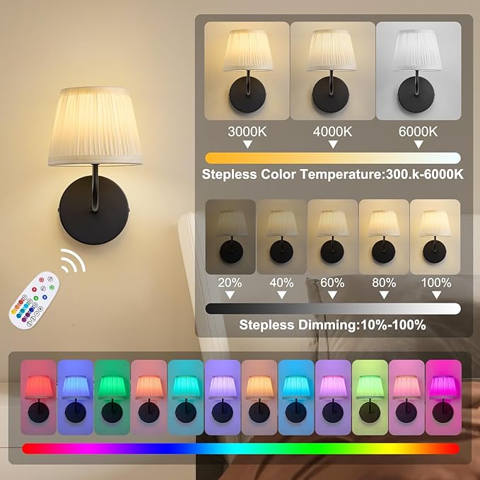 Rechargeable Wall Sconces Set of 2 - Vintage Black Cordless Battery Operated Fabric Sconce - Wireless Dimmable Led Bulb Wall Lights With Remote for Bedroom Bedside Living Room Stairway Hallway Porch