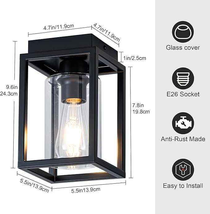 Mayful Flush Mount Ceiling Light Fixture with Clear Glass Shade, Farmhouse Black Metal Frame Light Fixture for Kitchen Island Entryway Porch Foyer Dining Room, E26 Ceramic Base