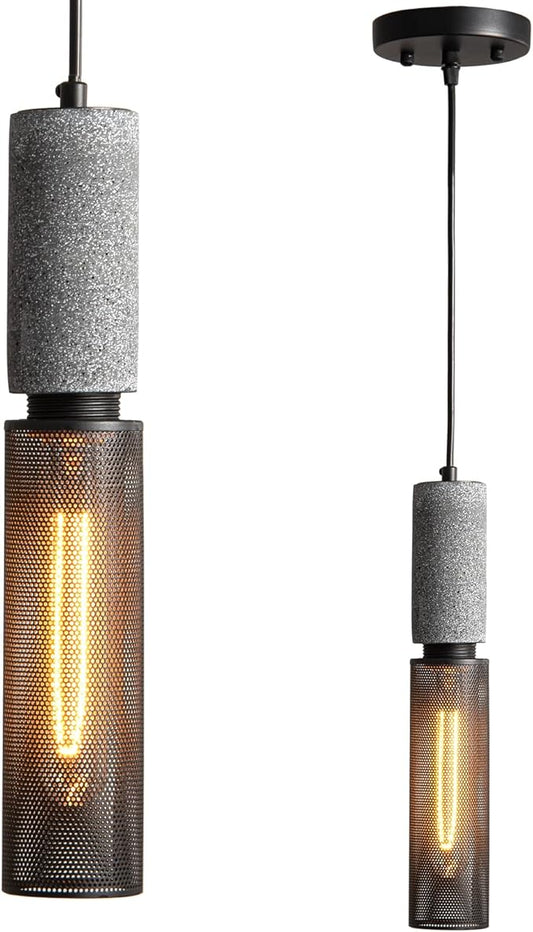 Concrete Linear Pendant Light with a Metal Mesh Shade,Modern Industrial Hanging Cement Pendant Lighting Fixture for Kitchen Island Bedroom Living Room Dining Room(Black 1-Pack)