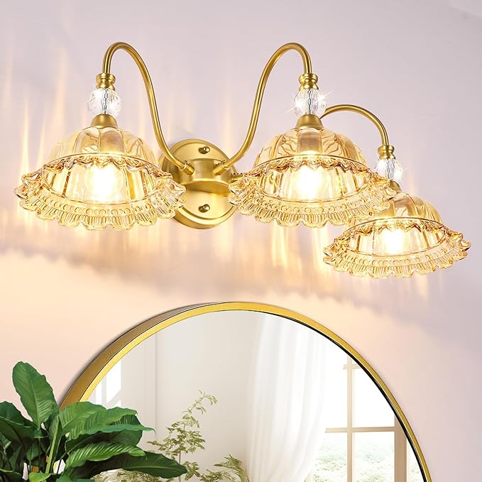 Mid Century Bathroom Light Fixtures 3 Lights Brushed Gold Vanity Lights for Bathroom with Floral Amber Crystal Glass Shade Bathroom Vanity Lighting Fixtures Over Mirror for Bedroom Living Room Hallway