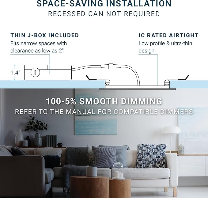 PARMIDA (6 Pack) 6 Inch Ultra-Thin LED Recessed Ceiling Light with Junction Box, 5CCT Color Selectable 2700K/3000K/3500K/4000K/5000K, 12W, Dimmable Canless Wafer Slim Panel Downlight, IC Rated, ETL