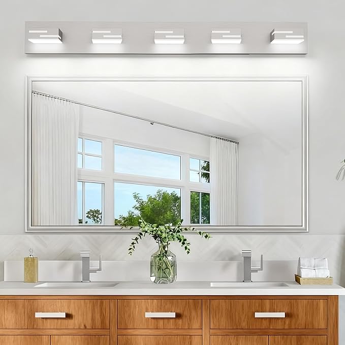 LED Modern Bathroom Vanity Light Fixtures, 5-Light 34-inch Dimmable Brushed Nickel Vanity Lights for Bathroom Lighting Fixtures Over Mirror, with 360° Rotatable Acrylic Heads (Cool White 6000K)