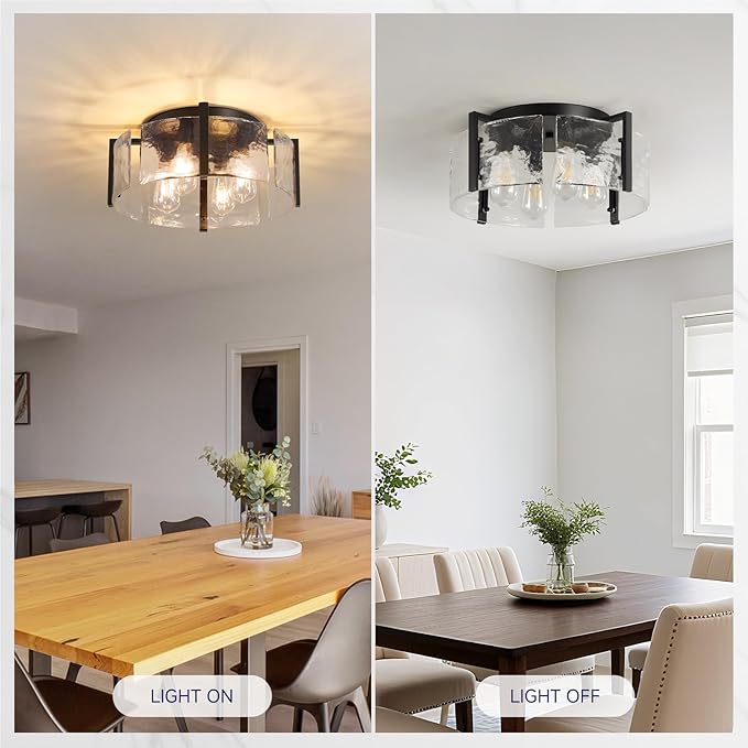 Semi Flush Mount Ceiling Light: 4 Light Drum Matte Black Ceiling Lights - Mid Century Modern Kitchen Lighting Fixtures - Vintage Hammered Glass Fixture for Entryway Farmhouse Bedroom Hallway Foyer