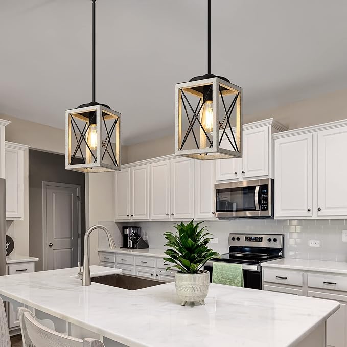 DEWENWILS Pendant Light, Metal Pendant Light Fixtures with Wooden Grain Finish, 48" Adjustable Pipes for Flat and Slop Ceiling, Hanging Ceiling Lamp for Kitchen, Living Room, Bedroom, E26 Base