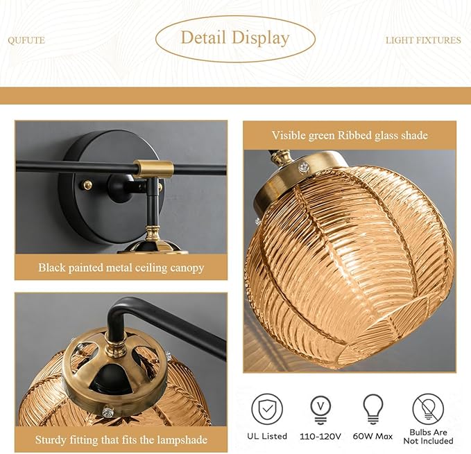 3 Light Glass Globe Wall Sconce Lights Amber Mid Century Modern Wall Light Fixtures Bathroom Vanity Lights with Ribbed Glass Shade Black Gold Wall Mount Lamp Over Mirror Bedroom