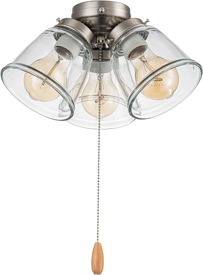 Aspen Creative 22011-1, Three-Light Ceiling Fan Light Kit with Pull Chain, Brushed Nickel Finish with Clear Glass Shades, 13-1/8" Diameter x 6-3/4" Height
