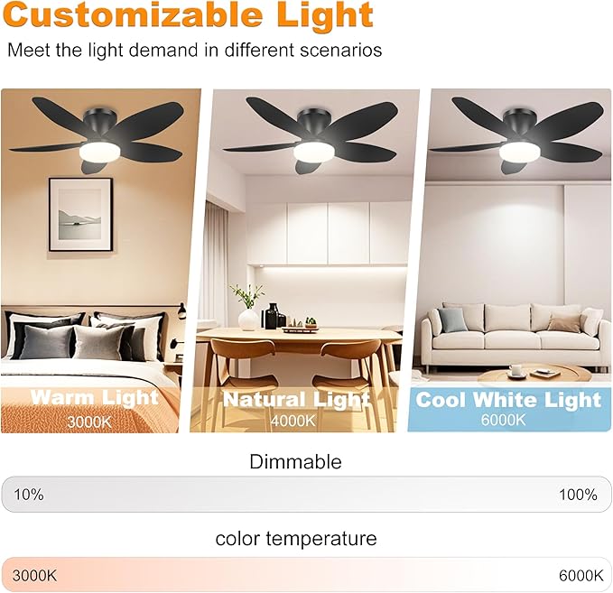 42" Low Profile Ceiling Fan with Lights & Remote - 6-Speed Wind, Reversible DC Motor, Dimmable 3-Color LED, Timer & Memory Function for Bedroom/Living Room/Patio (Black)