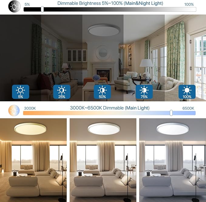 Dimmable LED Flush Mount Ceiling Light Fixture with Remote Control, 24W 2400LM, 12Inch, 2000K Warm Night Light & 3000K-6500K, Modern Super Slim Ceiling Lamp for Bedroom Kitchen, White, 1 Pack